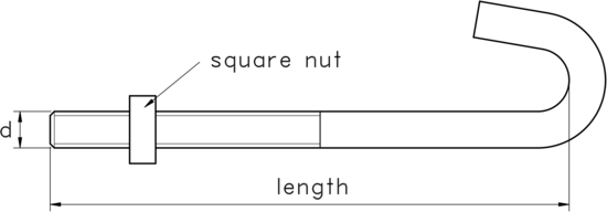 technical drawing of Hook Bolt or J Bolt with Square Nut