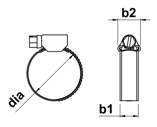 technical drawing of Hose Clips DIN 3017 12mm band in A2 Stainless Steel