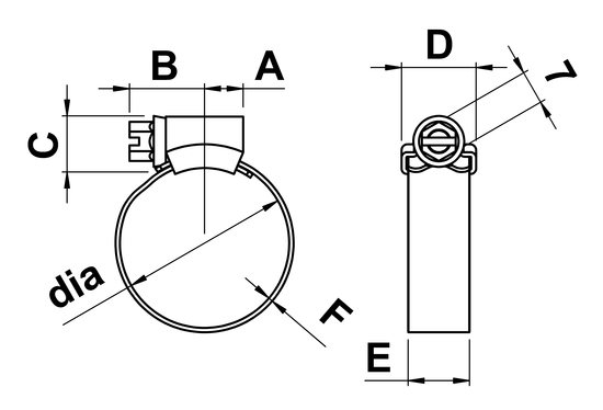 technical drawing of JCS HiGrip Hose Clips 18/8 (304) Stainless Steel