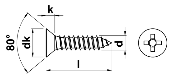 technical drawing of Phillips Csk Tapping Screw ISO 7050 (DIN 7982H)