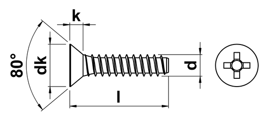 technical drawing of Phillips Csk Tapping Screws with Dog Point (Type F) ISO 7050 (DIN 7982H)