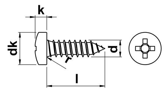 technical drawing of Phillips Pan Head Self Tapping Screws Type C (AB) ISO 7049 (DIN 7981H)