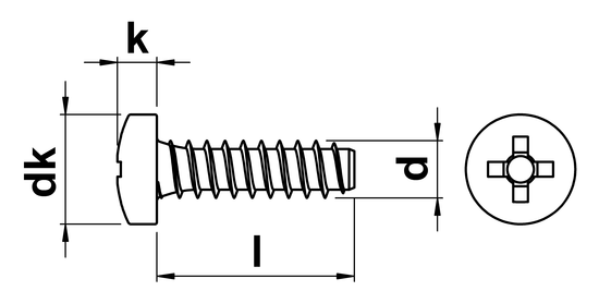technical drawing of Phillips Pan Head Self Tapping Screws with Dog Point (Type F) ISO 7049 (DIN 7981H)