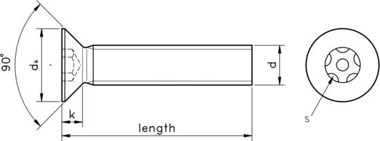 technical drawing of Pin 5 Lobe Countersunk Security Screws