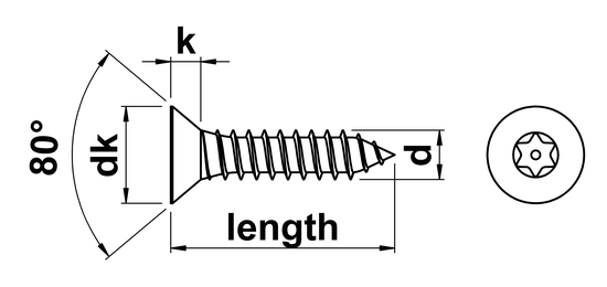 technical drawing of Pin Torx Security Countersunk Self Tapping Screws (AB)