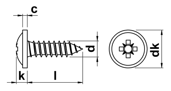 technical drawing of Pozi Pan Head Self Tapping Screw with Flange