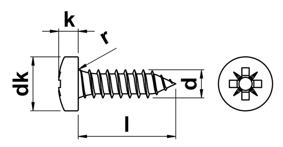 technical drawing of Pozi Pan Tapping Screws Type C (AB) ISO 7049 (DIN 7981Z)