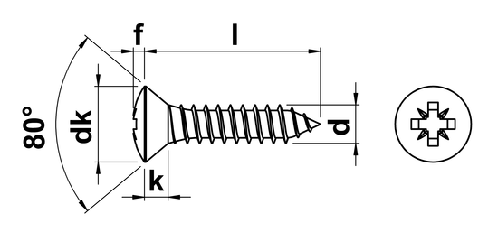 technical drawing of Pozi Raised Csk Self Tapping Screws DIN 7983Z