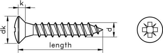 technical drawing of Pozidrive Raised Countersunk Chipboard Screws