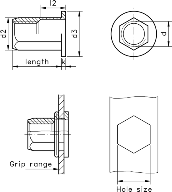 Rivet Nut Full Hex with Flat Head, Open Type in Bright Zinc Plated (BZP ...