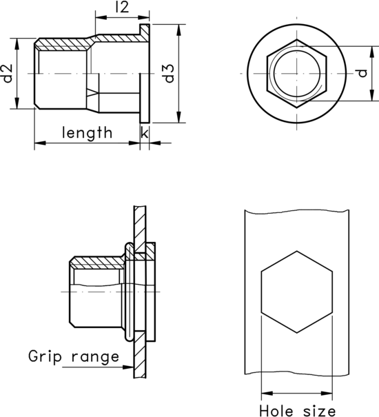 technical drawing of Rivet Nut Hex with Flat Head, Closed Type