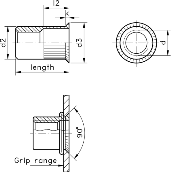 technical drawing of Rivet Nut Knurled with Full Countersunk Head, Open Type