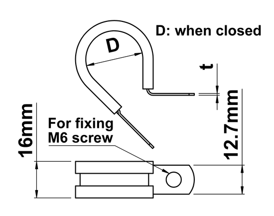 technical drawing of Rubber Lined P-Clips in 316 (A4) Stainless Steel