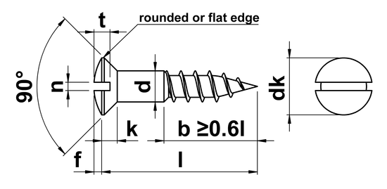 technical drawing of Slotted Raised Countersunk Wood Screws DIN 95