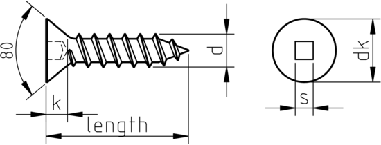 technical drawing of Square Drive Countersunk Self Tapping Screws Type C Point & AB Thread