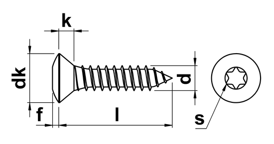 technical drawing of Torx Raised Countersunk Self Tapping Screws DIN 7983TX