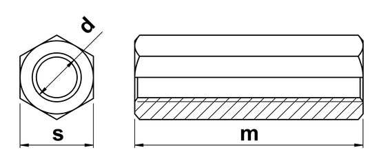 technical drawing of UNC Hex Coupling (Connector) Nuts