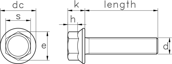 technical drawing of UNC Hex Head Flange Bolts with Serrations